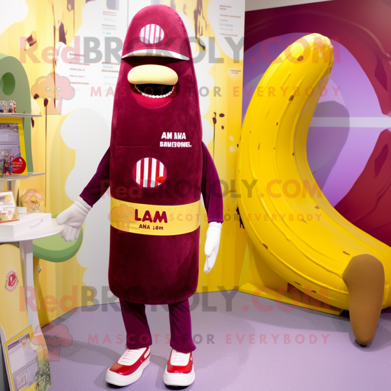 Maroon Banana mascot costume character dressed with a Swimwear and Berets Maroon Banana mascot costume character dressed with a Swimwear and Berets