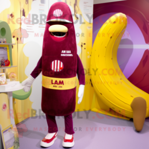 Maroon Banana mascot costume character dressed with a Swimwear and Berets