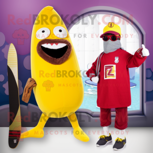 Maroon Banana mascot costume character dressed with a Swimwear and Berets