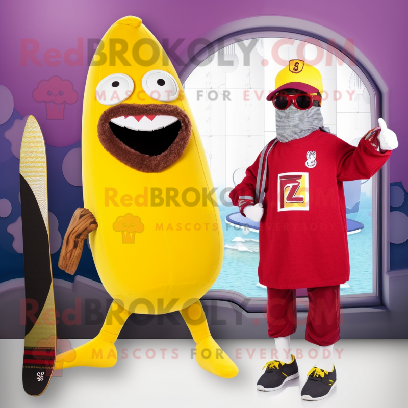 Maroon Banana mascot costume character dressed with a Swimwear and Berets