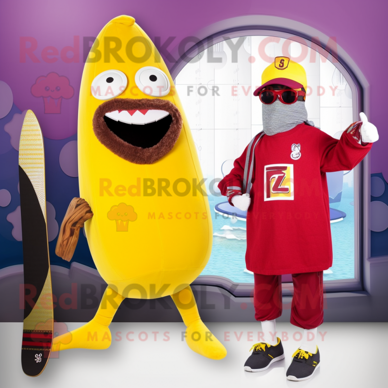 Maroon Banana mascot costume character dressed with a Swimwear and Berets Maroon Banana mascot costume character dressed with a Swimwear and Berets