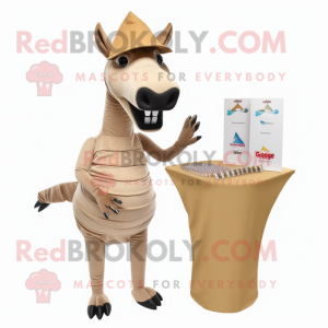 Tan Quagga mascot costume character dressed with a Pencil Skirt and Hat pins