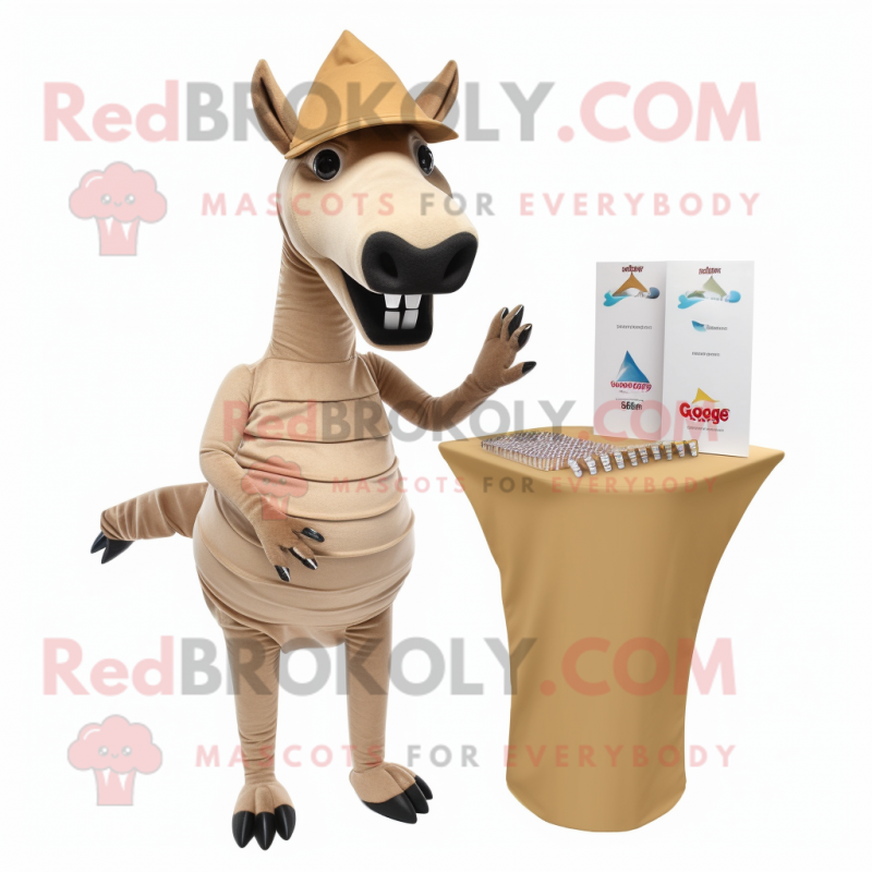 Tan Quagga mascot costume character dressed with a Pencil Skirt and Hat pins