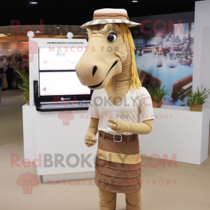 Tan Quagga mascot costume character dressed with a Pencil Skirt and Hat pins
