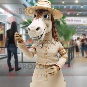 Tan Quagga mascot costume character dressed with a Pencil Skirt and Hat pins