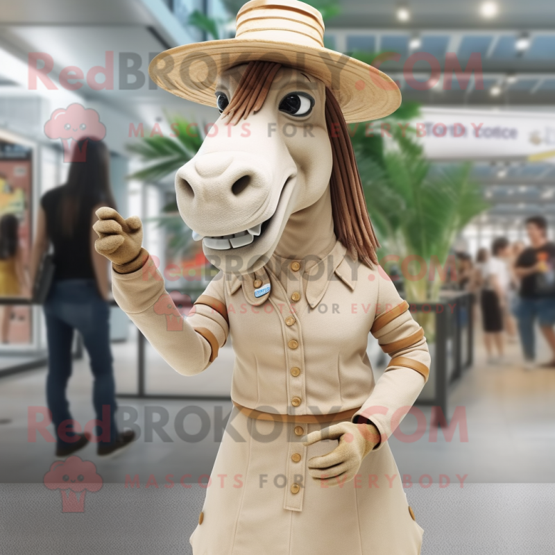 Tan Quagga mascot costume character dressed with a Pencil Skirt and Hat pins Tan Quagga mascot costume character dressed with a Pencil Skirt and Hat pins