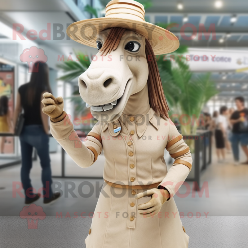 Tan Quagga mascot costume character dressed with a Pencil Skirt and Hat pins