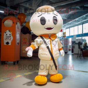 Cream Mandarin mascot costume character dressed with a Bomber Jacket and Suspenders