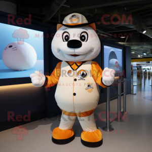 Cream Mandarin mascot costume character dressed with a Bomber Jacket and Suspenders
