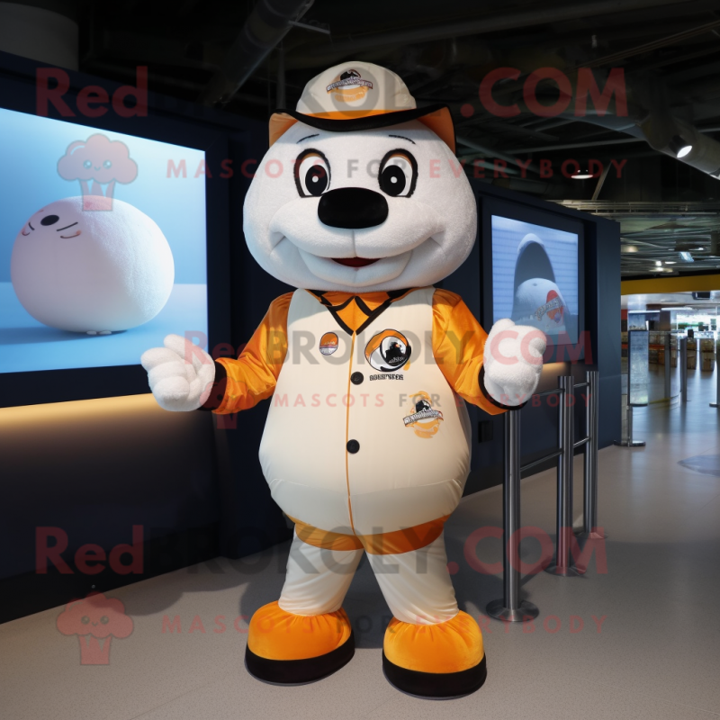 Cream Mandarin mascot costume character dressed with a Bomber Jacket and Suspenders Cream Mandarin mascot costume character dressed with a Bomber Jacket and Suspenders