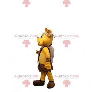 Yellow fox mascot dressed in Cro-Magnon outfit - Redbrokoly.com