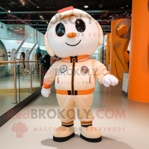 Cream Mandarin mascot costume character dressed with a Bomber Jacket and Suspenders