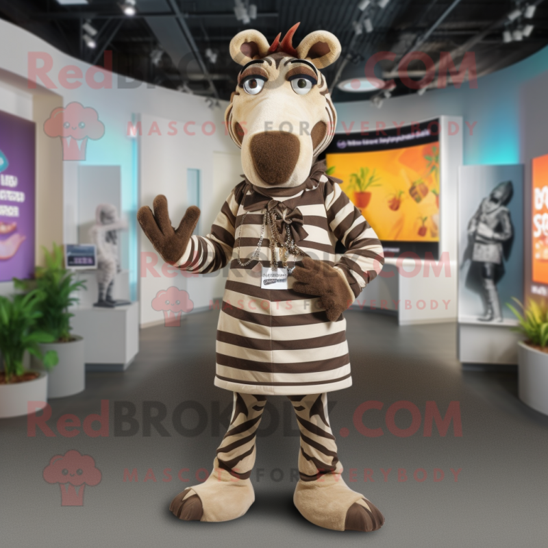 Brown Zebra mascot costume character dressed with a Empire Waist Dress and Ties