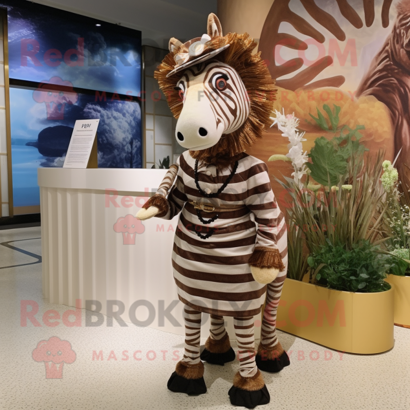 Brown Zebra mascot costume character dressed with a Empire Waist Dress and Ties Brown Zebra mascot costume character dressed with a Empire Waist Dress and Ties