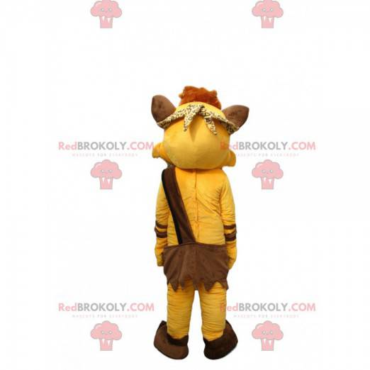 Mascotte de renard jaune habillé en tenue de Cro-Magnon -