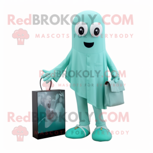 Teal Ghost mascot costume character dressed with a Chinos and Clutch bags