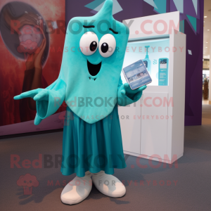 Teal Ghost mascot costume character dressed with a Chinos and Clutch bags