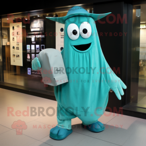 Teal Ghost mascot costume character dressed with a Chinos and Clutch bags