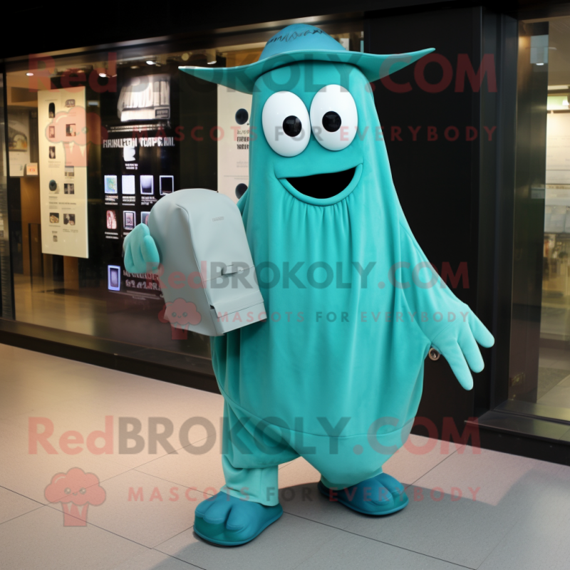Teal Ghost mascot costume character dressed with a Chinos and Clutch bags Teal Ghost mascot costume character dressed with a Chinos and Clutch bags