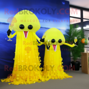 Lemon Yellow Jellyfish mascot costume character dressed with a Cocktail Dress and Cufflinks