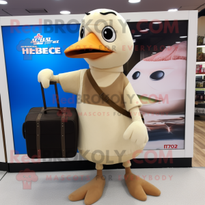 Beige Woodpecker mascot costume character dressed with a One-Piece Swimsuit and Briefcases