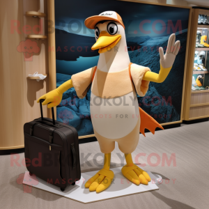 Beige Woodpecker mascot costume character dressed with a One-Piece Swimsuit and Briefcases