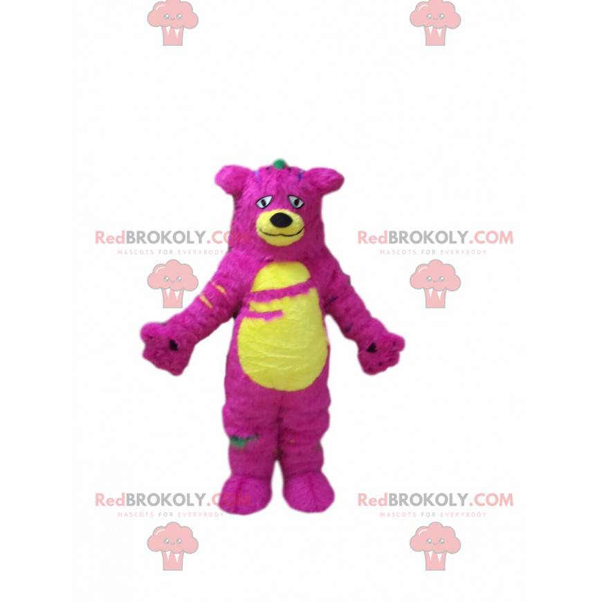 Mascota monstruo rosa y amarillo, disfraz de oso peludo y