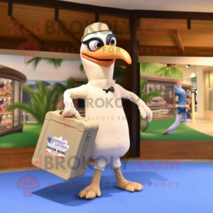 Beige Woodpecker mascot costume character dressed with a One-Piece Swimsuit and Briefcases