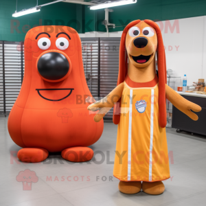 Orange Hot Dogs mascot costume character dressed with a Maxi Dress and Tote bags