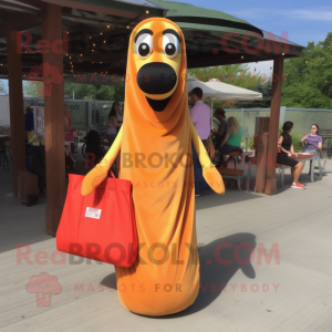 Orange Hot Dogs mascot costume character dressed with a Maxi Dress and Tote bags