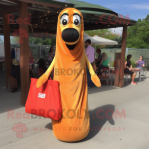 Orange Hot Dogs mascot costume character dressed with a Maxi Dress and Tote bags