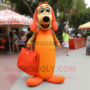 Orange Hot Dogs mascot costume character dressed with a Maxi Dress and Tote bags