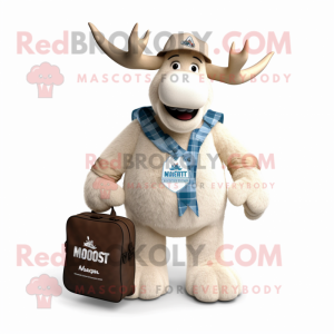 Cream Moose mascot costume character dressed with a Denim Shorts and Briefcases