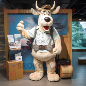 Cream Moose mascot costume character dressed with a Denim Shorts and Briefcases