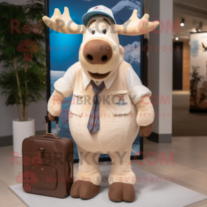Cream Moose mascot costume character dressed with a Denim Shorts and Briefcases