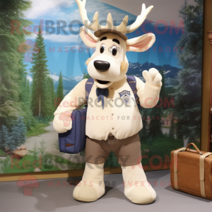 Cream Moose mascot costume character dressed with a Denim Shorts and Briefcases