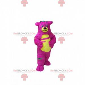 Pink and yellow monster mascot, hairy and colorful bear costume