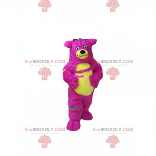 Pink and yellow monster mascot, hairy and colorful bear costume