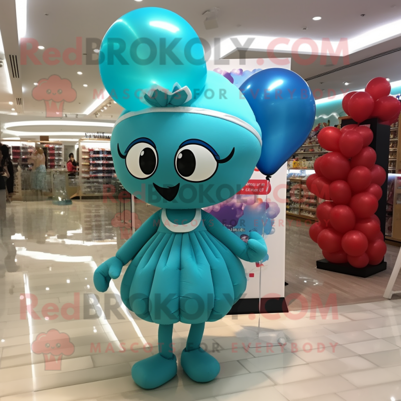Teal Heart Shaped Balloons mascot costume character dressed with a Mini Skirt and Messenger bags Teal Heart Shaped Balloons mascot costume character dressed with a Mini Skirt and Messenger bags