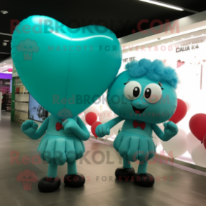Teal Heart Shaped Balloons mascot costume character dressed with a Mini Skirt and Messenger bags