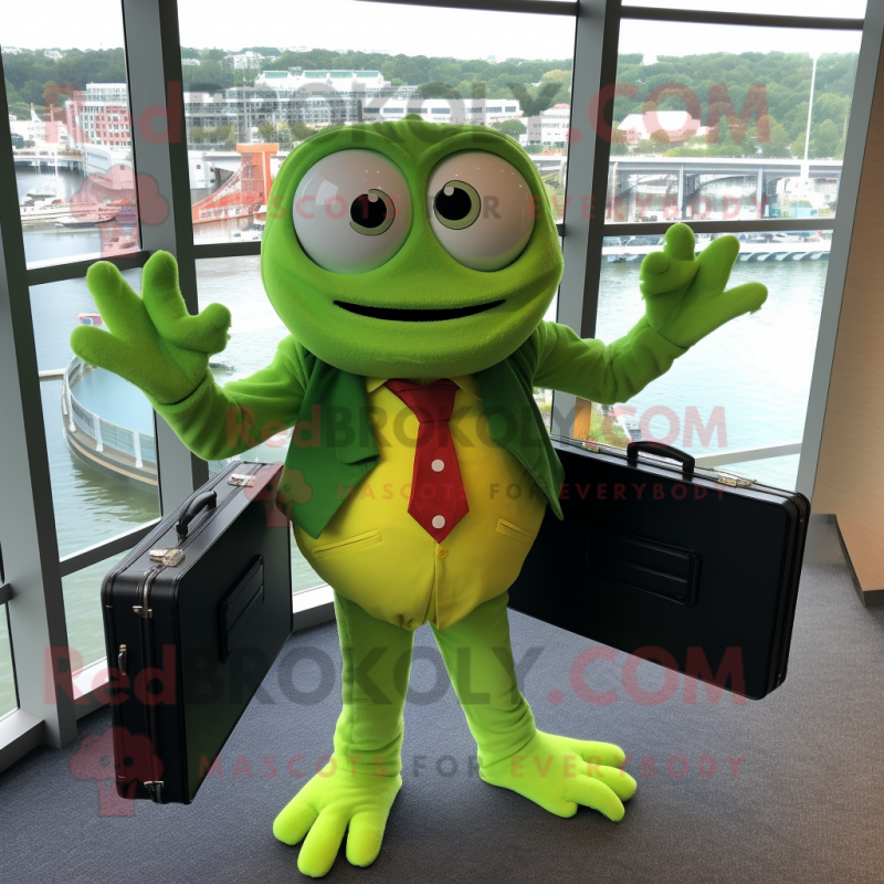 Lime Green Crab Cakes mascot costume character dressed with a Suit Jacket and Briefcases