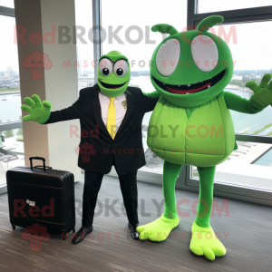 Lime Green Crab Cakes mascot costume character dressed with a Suit Jacket and Briefcases