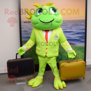 Lime Green Crab Cakes mascot costume character dressed with a Suit Jacket and Briefcases