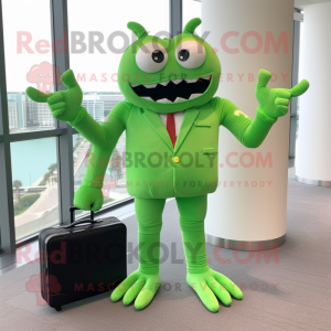 Lime Green Crab Cakes mascot costume character dressed with a Suit Jacket and Briefcases