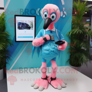 Cyan Flamingo mascot costume character dressed with a Shorts and Smartwatches