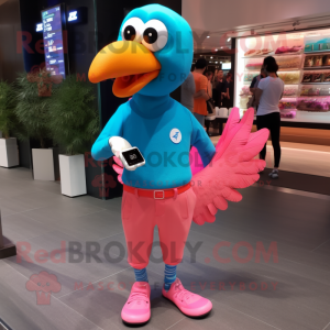 Cyan Flamingo mascot costume character dressed with a Shorts and Smartwatches
