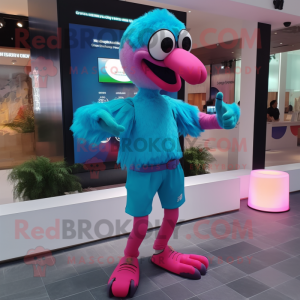 Cyan Flamingo mascot costume character dressed with a Shorts and Smartwatches