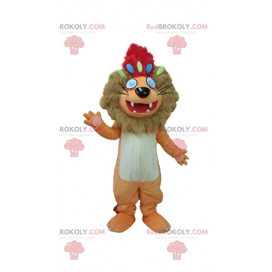 Mascotte de lion marron et blanc avec une crête rouge -