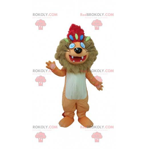 Braunes und weißes Löwenmaskottchen mit einem roten Wappen -