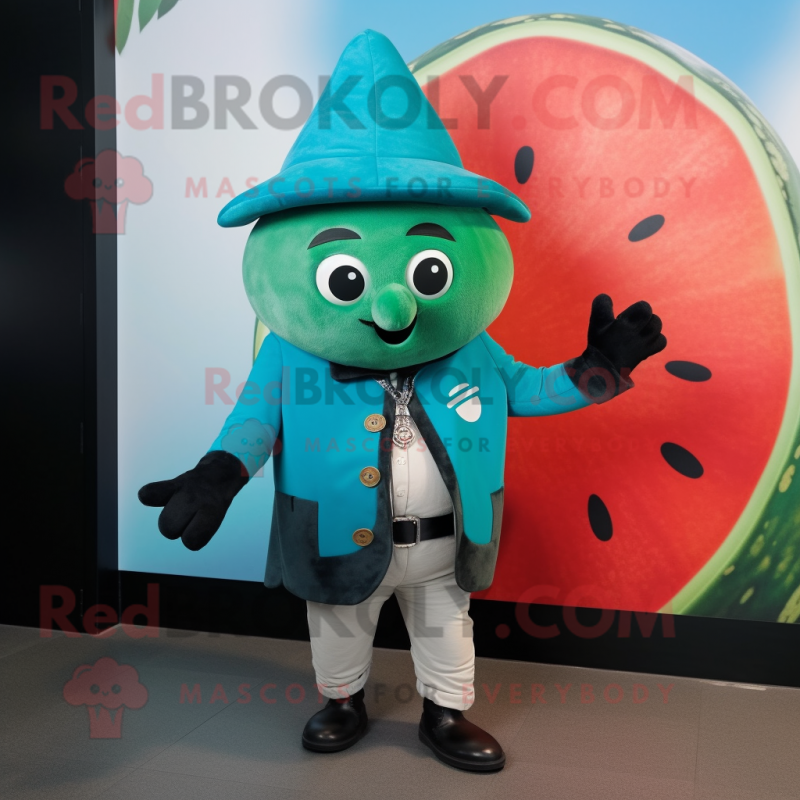 Turquoise Watermelon mascot costume character dressed with a Leather Jacket and Berets